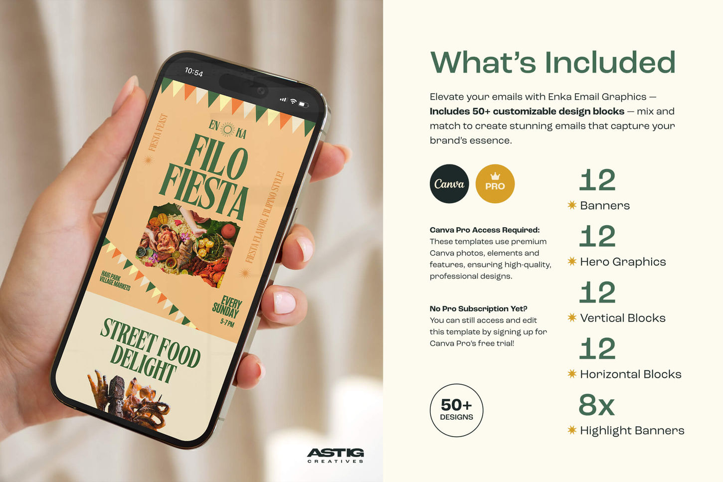 Hand holds phone showing colorful “Filo Fiesta” street food event poster with text listing Canva Pro features like banners and graphics.