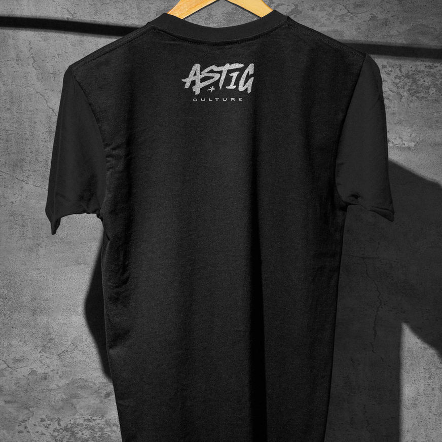 Black t-shirt with white graffiti-style "astig culture" logo on the back