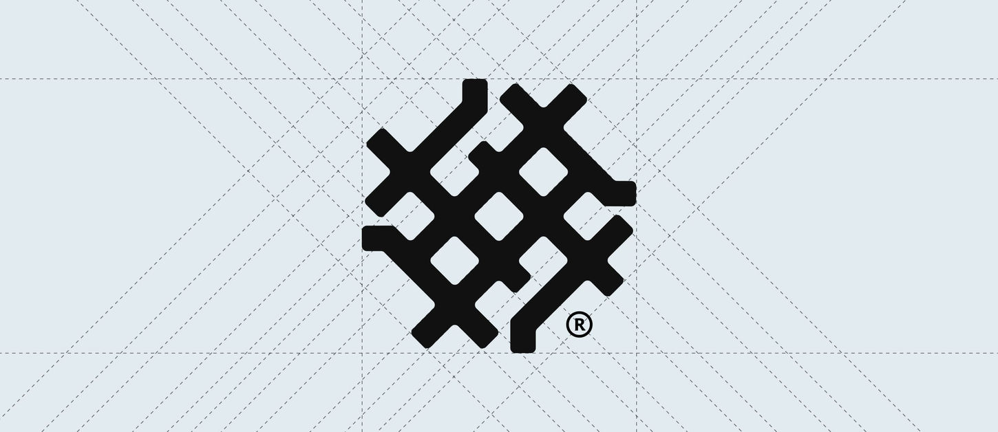 Black geometric lattice logo with overlapping squares on a light blue grid background, conveying precision and modernity.