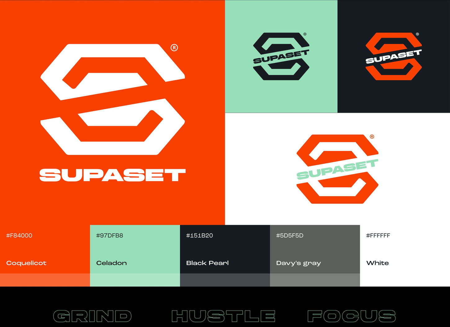 The 'SUPASET' logo in orange, green, and black palettes, with hex codes: #F84000, #97DFB8, #151B20, #5D5F5D, and #FFFFFF. Bold 'S' shapes and text on varied backgrounds. Bottom text reads 'GRIND HUSTLE FOCUS' in black with green outlines, conveying a dynamic, motivational tone.