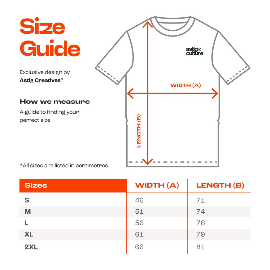 T-shirt size guide showing width and length measurements in centimeters for sizes S to 2XL. Includes measurement diagram and