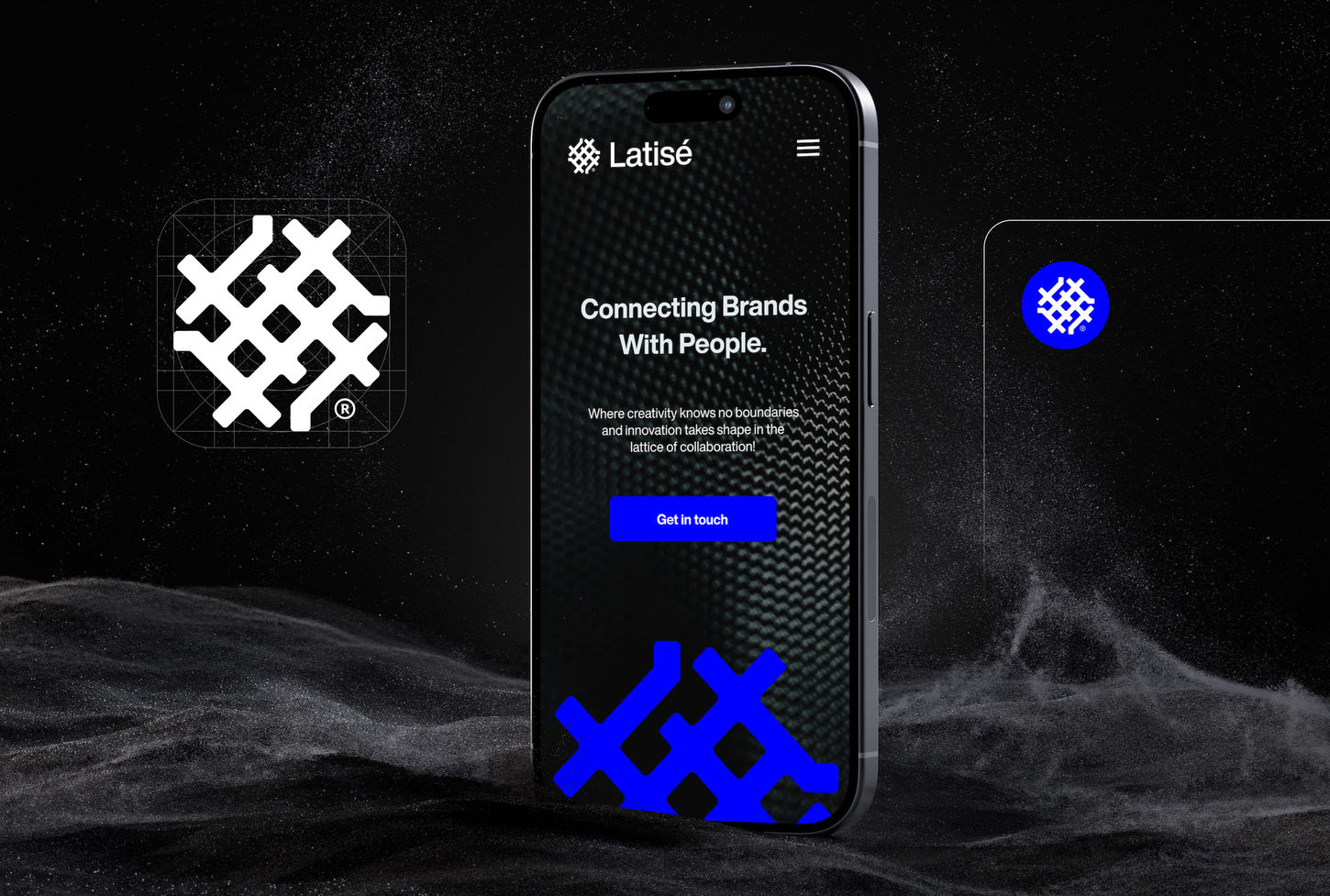 Smartphone shows dark-themed site with 'Connecting Brands with People' and a bright blue 'Get in touch' button. Digital patterns suggest innovation.