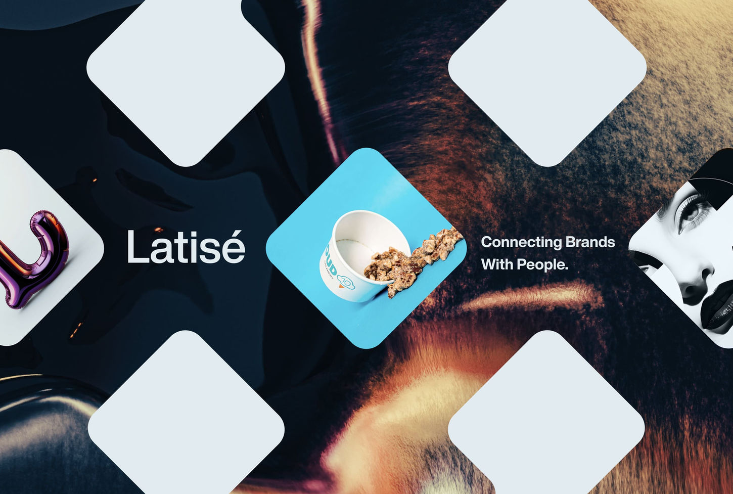 Abstract image with geometric shapes, textures, and colors. 'Latisé' and 'Connecting Brands With People' on dark background, modern and industrial.