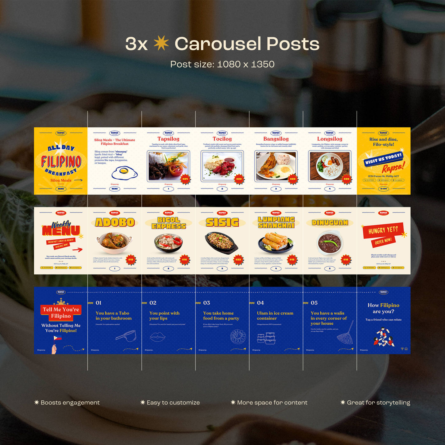 Promotional image of 3 social media carousel posts featuring Filipino breakfast dishes like Tapsilog and Adobo with vibrant colors.