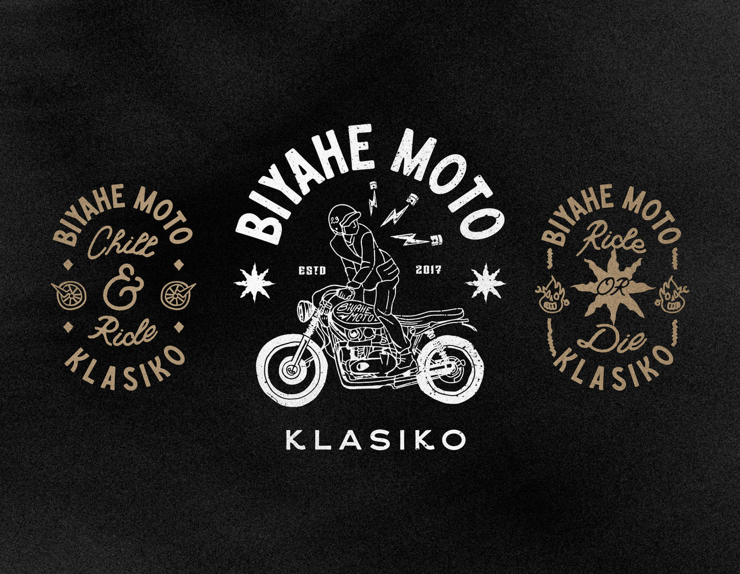 Retro motorcycle graphic with 'Biyahe Moto Klasiko,' rider on classic bike, and text 'Chill & Ride' and 'Ride or Die'.