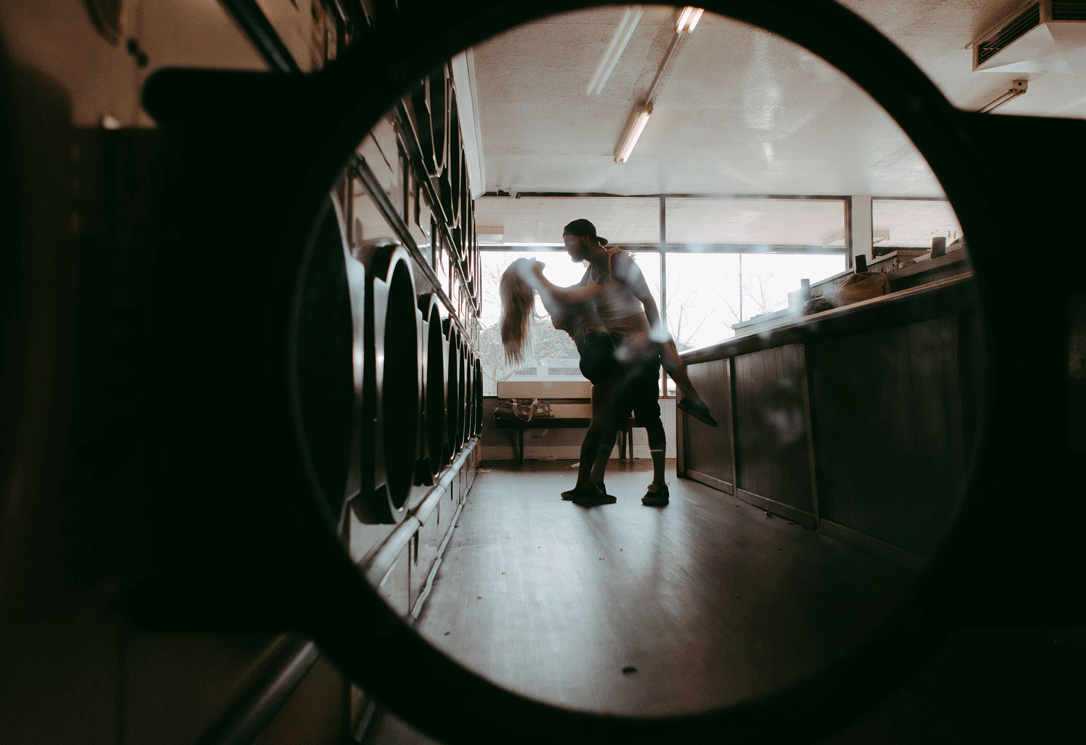 Berlynn Photography, San Diego Engagement shoot, San Diego unique engagement shoot locations, laundromat engagement shoot, san diego laundromat couple shoot, moody engagement session, engagement GIF