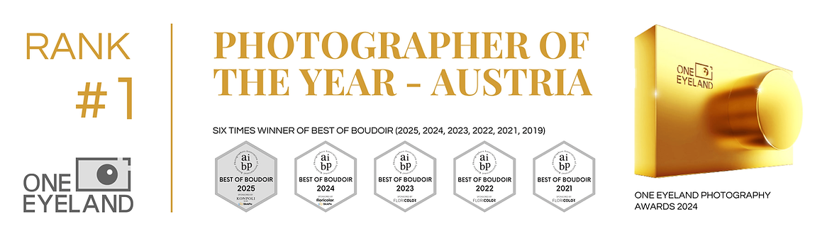 Auszeichnungen: Rank #1 Photographer of the Year Austria 2024 (One Eyeland) und sechsfach Best of Boudoir 2019–2025