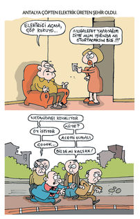 Antalya'da elektrik üretimi karikatüründe, konuşan insanlar ve metinler. Çizgili gazete.