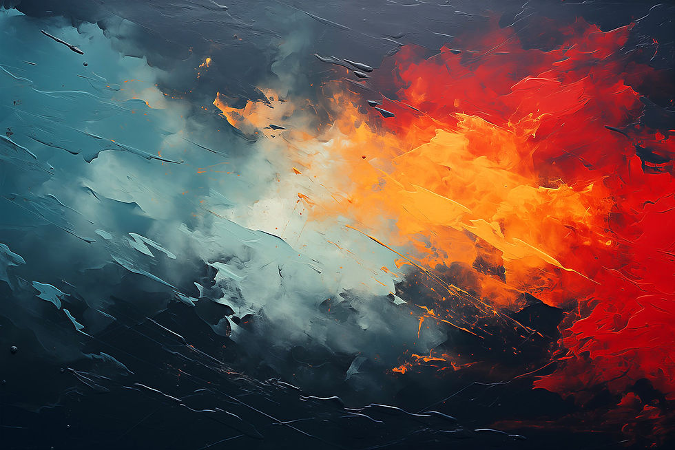 Soyut renk patlaması, turuncu ve kırmızı tonları, mavi arka plan, çizgili gazete.