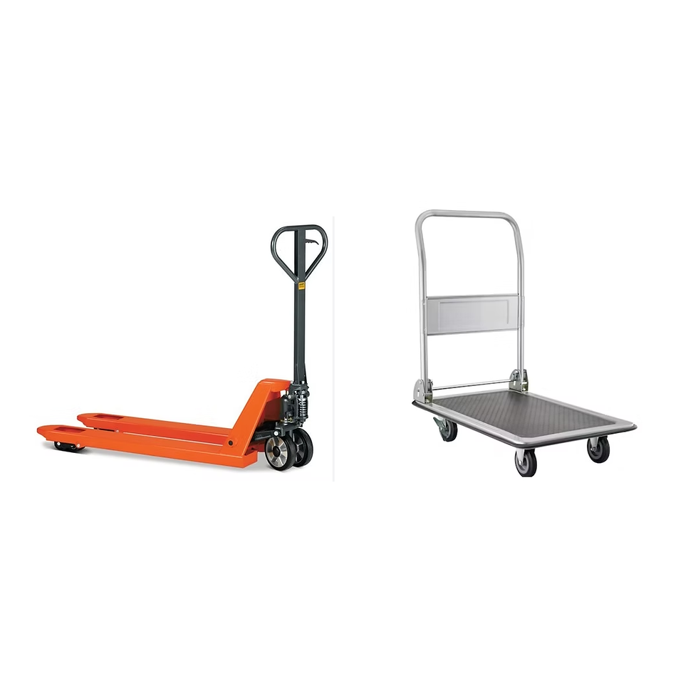 Transpalette orange et chariot de manutention pour location de matériel.