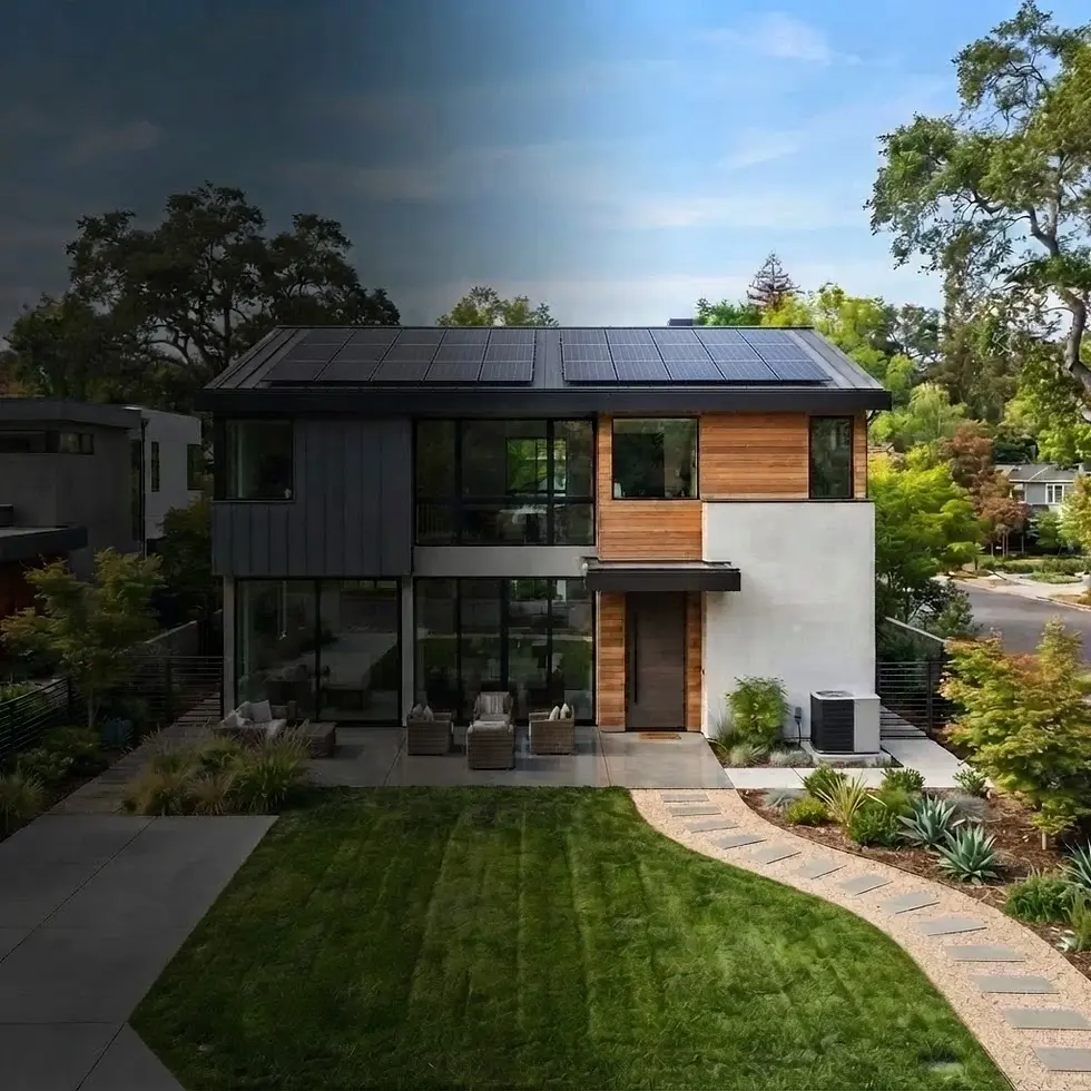 Architectural photography of a modern two-story house with solar panels. The home features a blend of wood and metal siding set against a suburban backdrop.