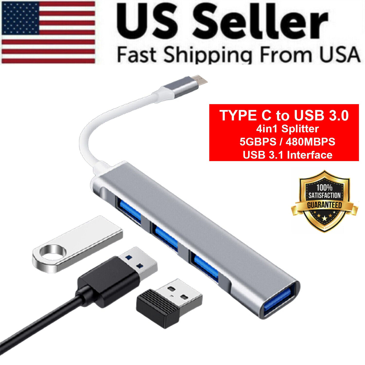 Multiport USB-C to USB 3.0 Adapter Hub for Devices