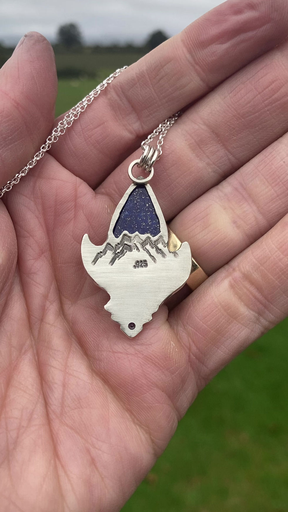 Thumbnail: The tao of deco. Lapis Lazuli and Blue sapphire necklace in art deco and nature themed style. Eco sterling silver.
