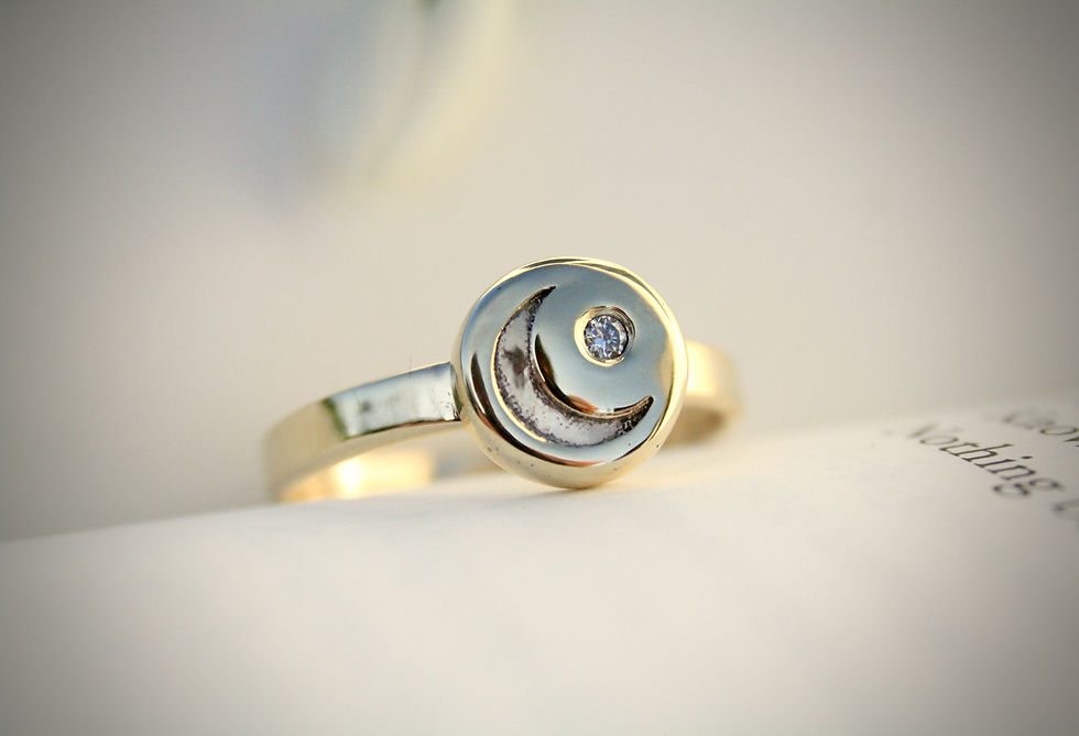 Thumbnail: 9ct recycled gold crescent moon and diamond ring. Inspired by alchemy.