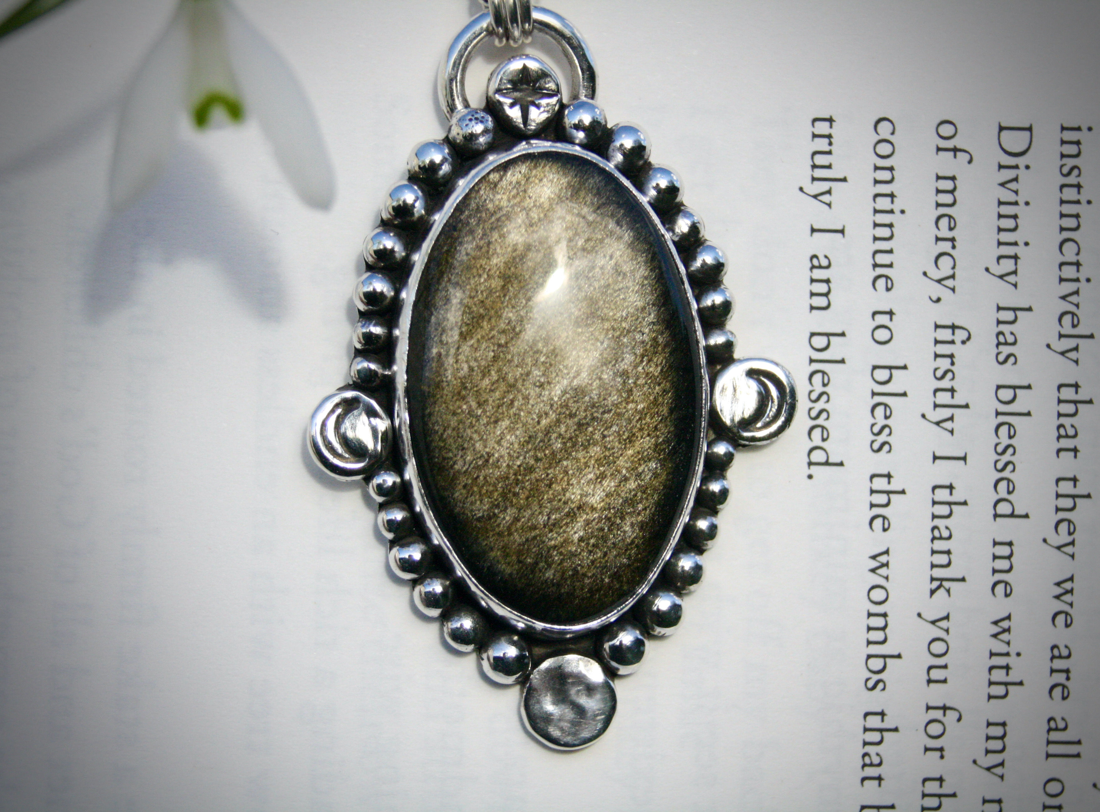 Gold sheen obsidian moon necklace. Eco sterling silver, moon and star symbols.
