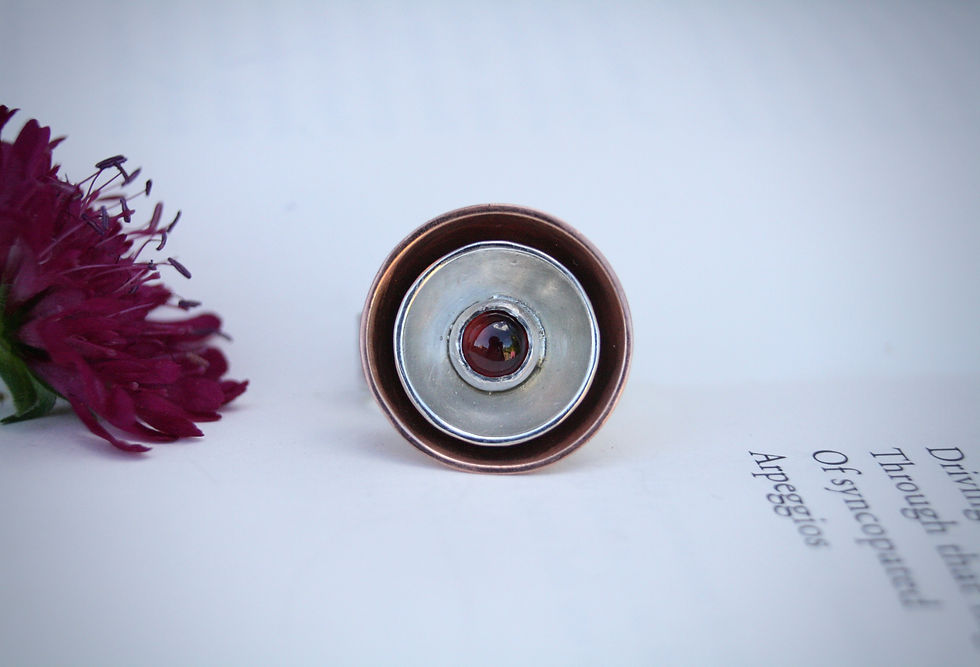 Thumbnail: Concentric Garnet Ring handmade in eco sterling silver and copper