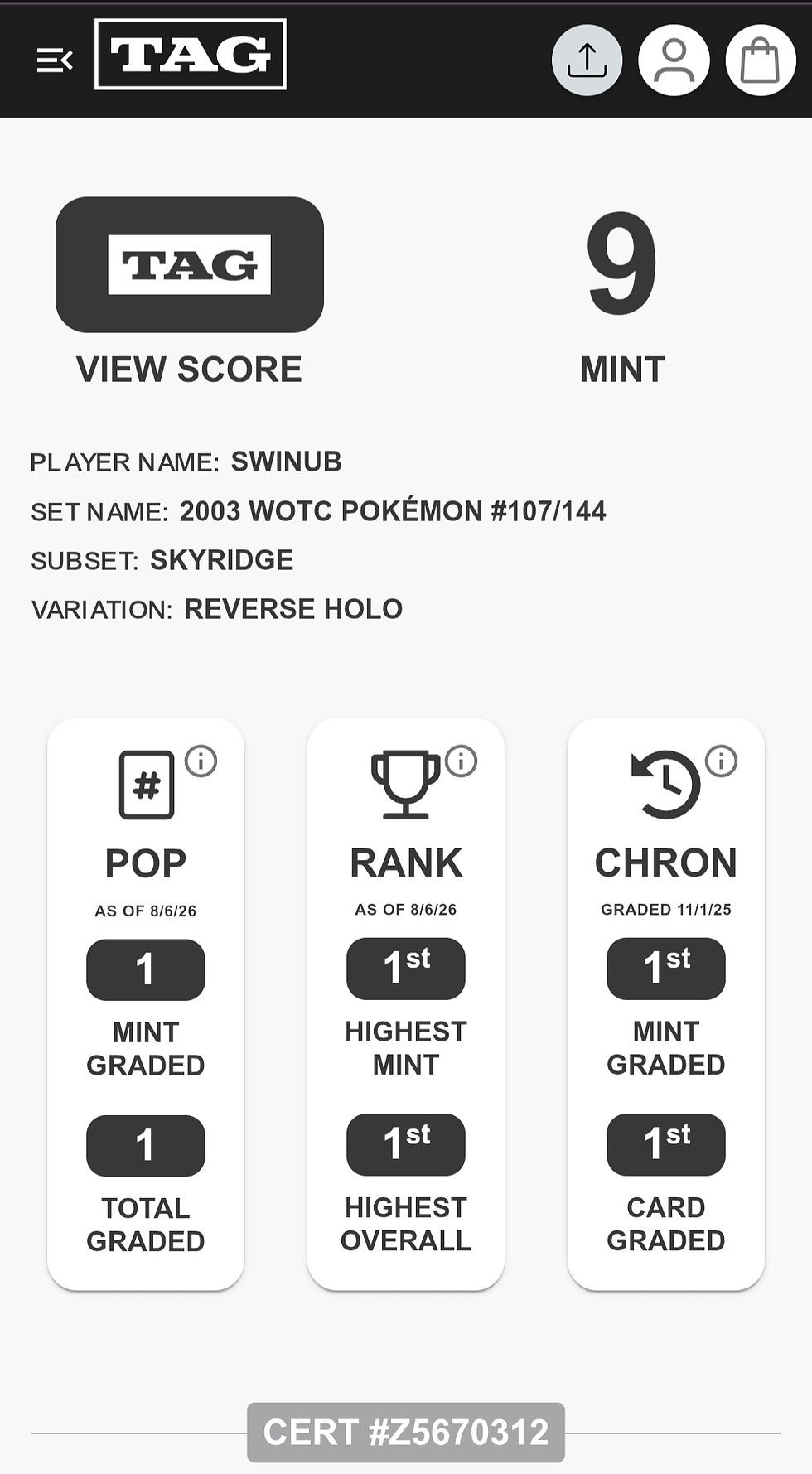 Thumbnail: TAG 9 Pokemon Skyridge Reverse Holo Swinub