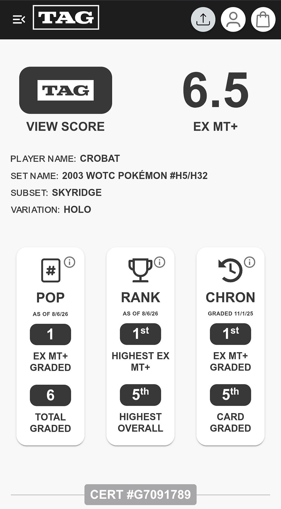 Thumbnail: TAG 6.5 Pokemon Skyridge Holo Crobat