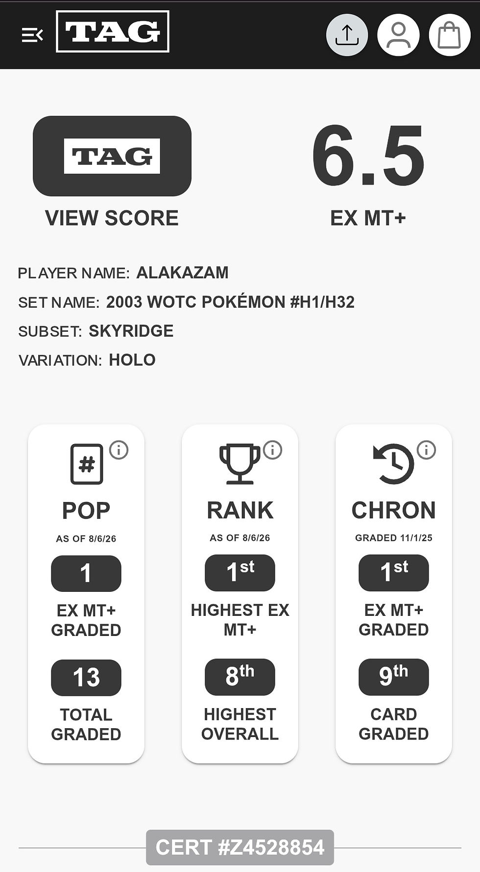 Thumbnail: TAG 6.5 Pokemon Skyridge Holo Alakazam