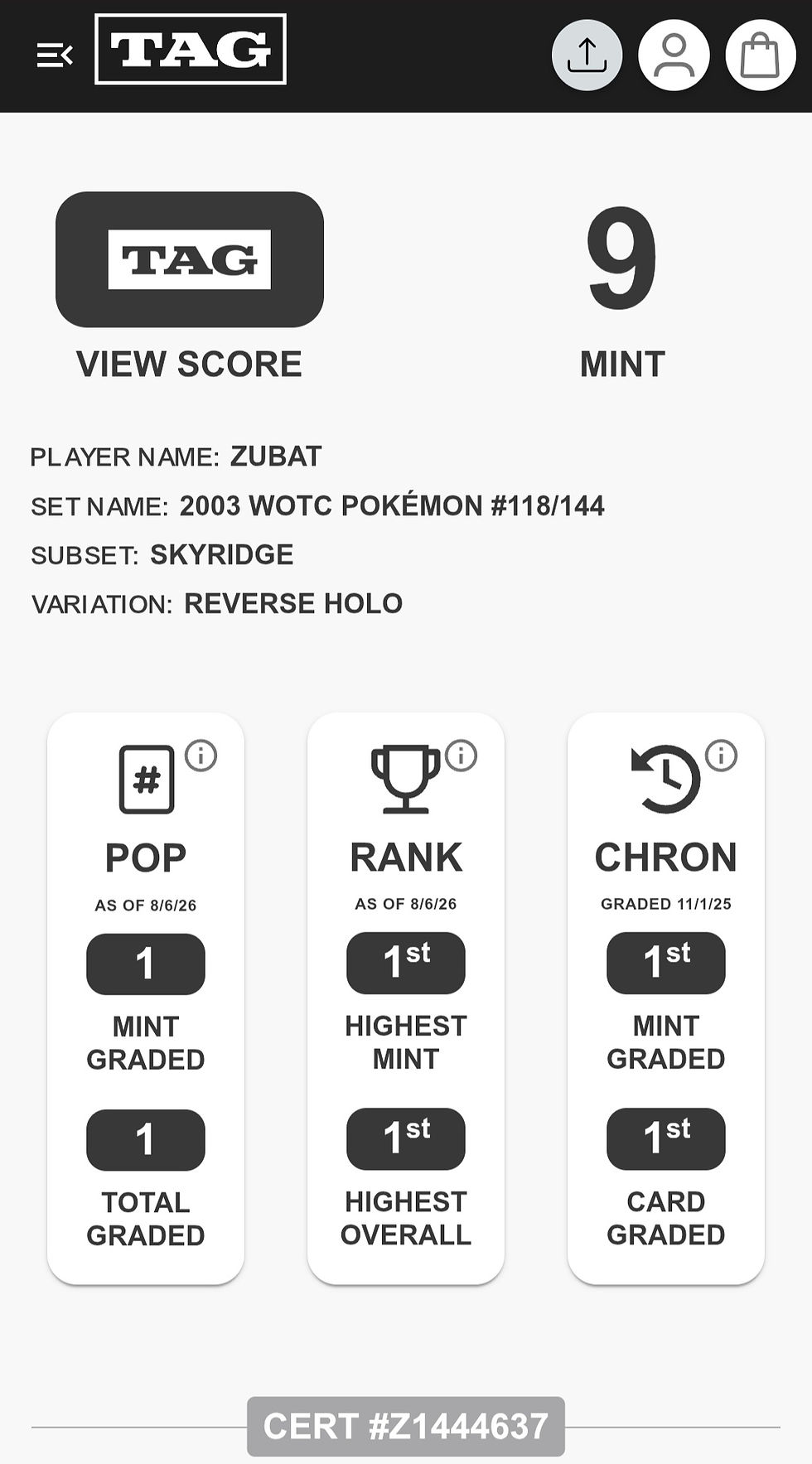 Thumbnail: TAG 9 Pokemon Skyridge Reverse Holo Zubat