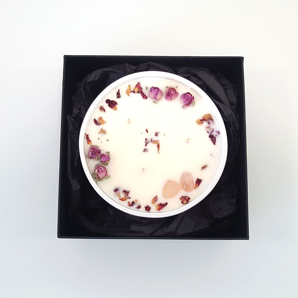 Miniature : Liebeskerze Rosenquarz by ESSENTIALS Biokerzen Rosenblüten Speziell kaufen Steine rundes glas weiss