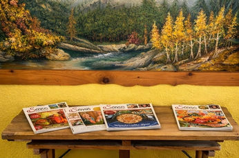 Magazine auf Holztisch vor Landschaftsbild