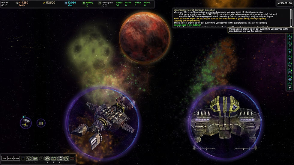 Two ships surrounded by forcefields in space, with a red planet in the background. A nebula shows, as well as player stats and an information window.