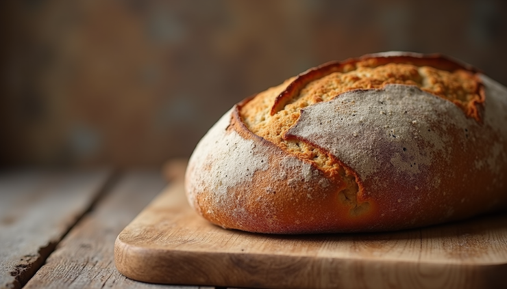 Close-up view of a freshly baked sourdough loaf with a golden crust on a wooden board