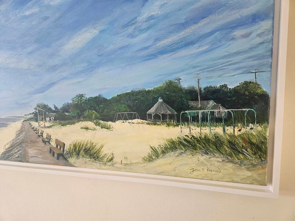 Thumbnail: Impressionist oil painting Parkers River Beach Yarmouth MA ocean and beach swings