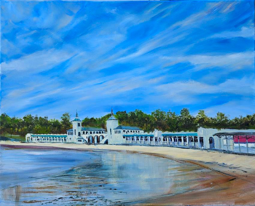 Rye Beach painting featuring Playland shoreline seascape print