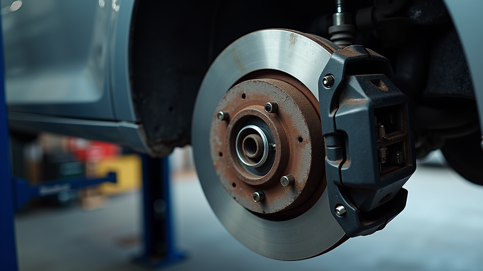 Close-up view of a car brake system being repaired in a garage