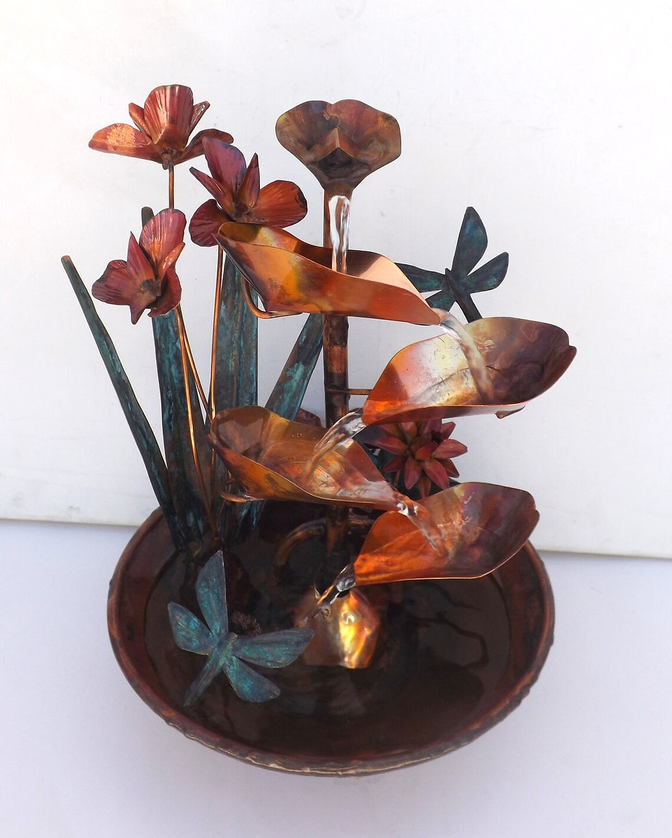 Thumbnail: Handcrafted Copper Table Fountain, Iris Flowers and Dragonflies Small Size
