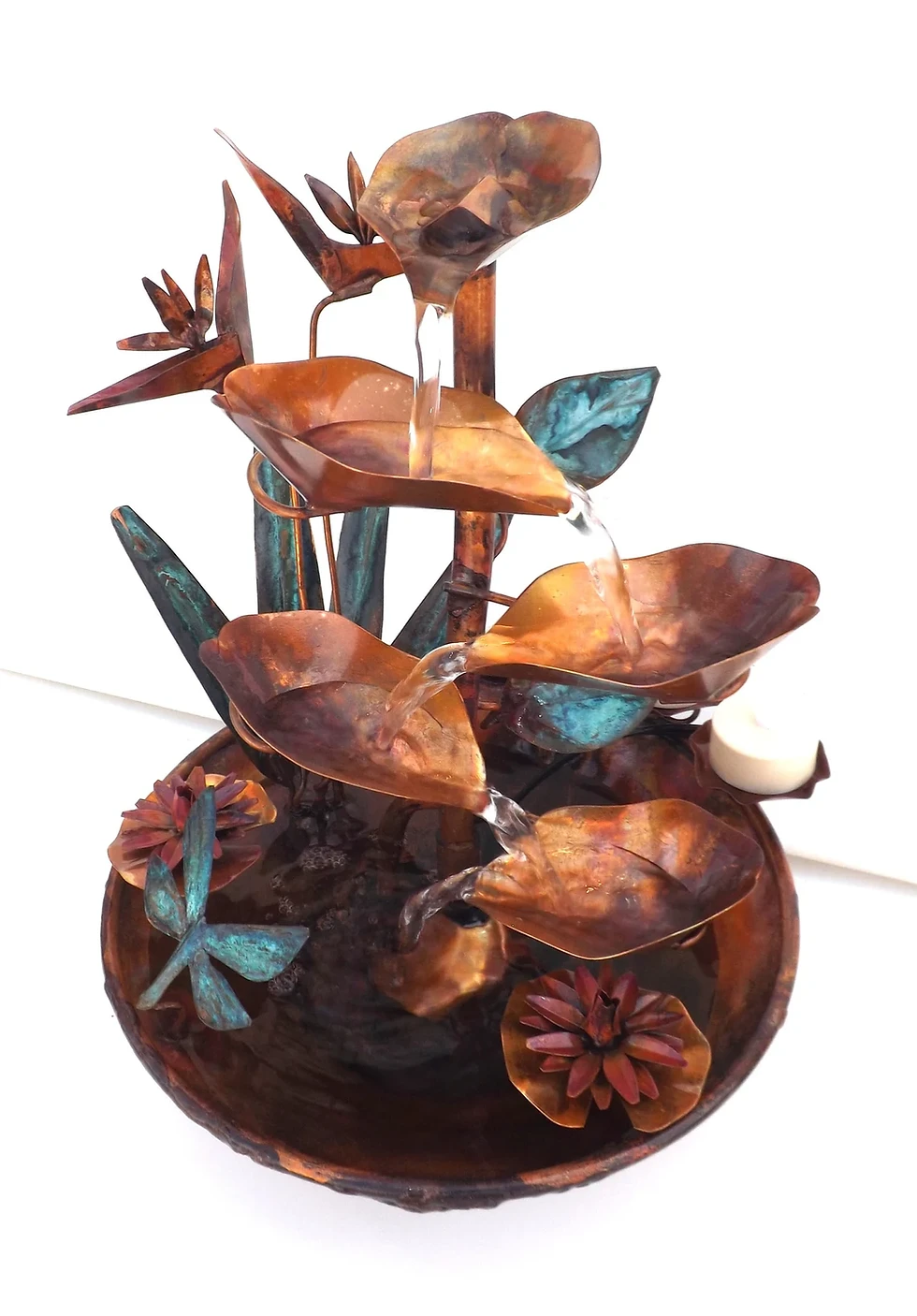 Thumbnail: Copper Bird of Paradise Fountain, Dragonfly, Water Lilies, Leaves, small size