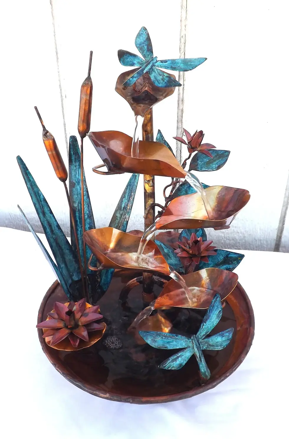 Thumbnail: Copper Fountain w/ Cattails, Large Dragonflies, Water Lily Flowers, & Leaves