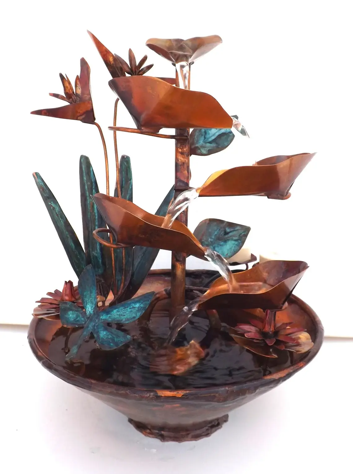 Copper Bird of Paradise Fountain, Dragonfly, Water Lilies, Leaves, small size