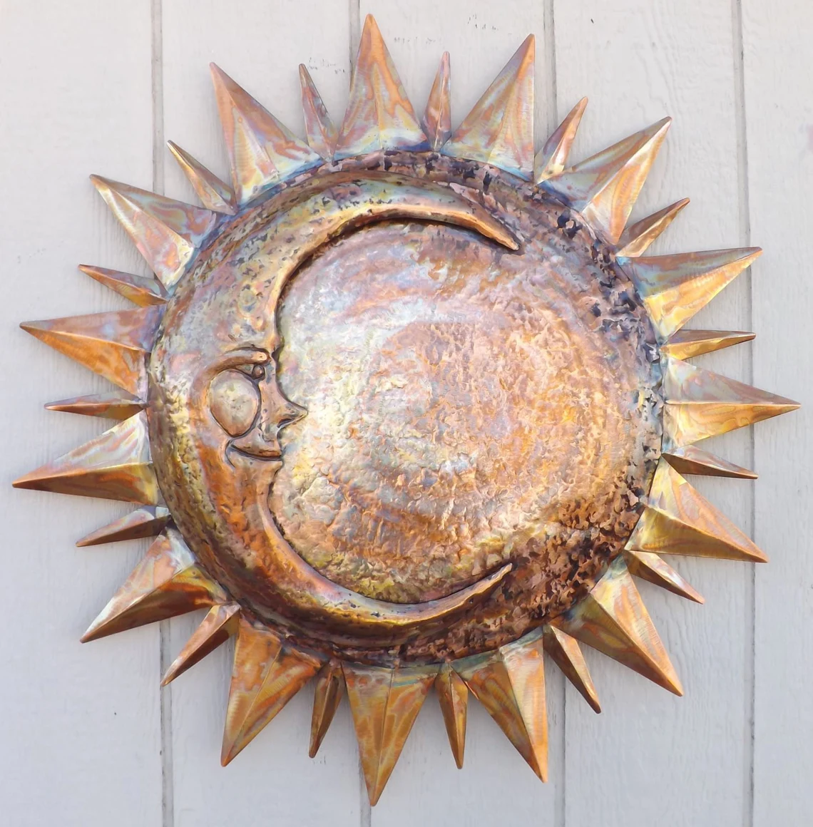 Copper Sun Moon Wall Hanging Art and Sculpture, Smiling Crescent Moon, Large Wall Hanging