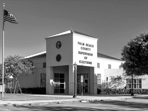 Black and white Palm Beach County Supervisor of Elections office building in West Palm Beach, Florida