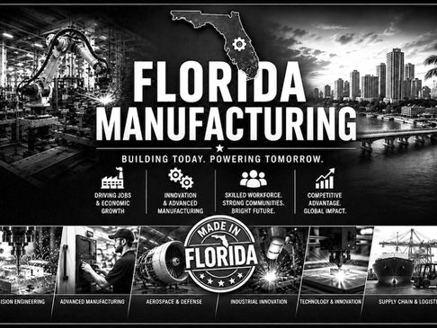 Black-and-white Florida manufacturing graphic illustrating advanced manufacturing, industrial innovation, aerospace, workforce, economic development, and the industries shaping Florida's future economy