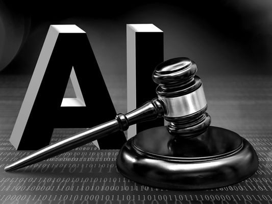 Judge’s gavel positioned in front of large “AI” lettering over a digital data background, symbolizing artificial intelligence regulation, legal scrutiny, and anticipated litigation.