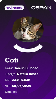 Credencial del Plan 410 de los planes felinos de OSPAN para gatos.