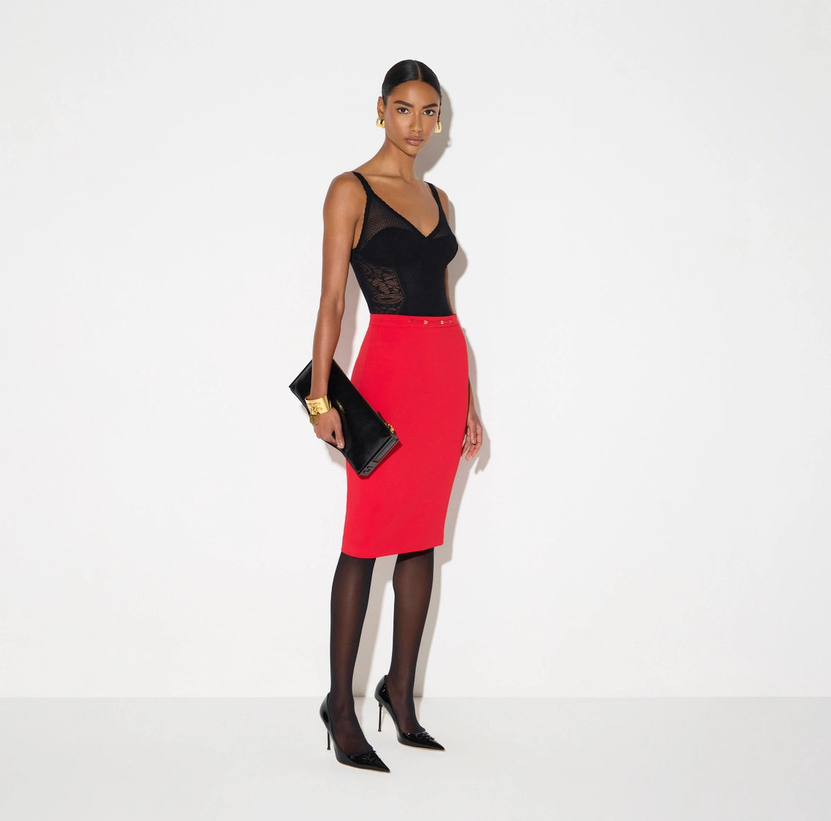 Elisabetta Franchi Red Skirt in stretch double crêpe fabric with jewel detail