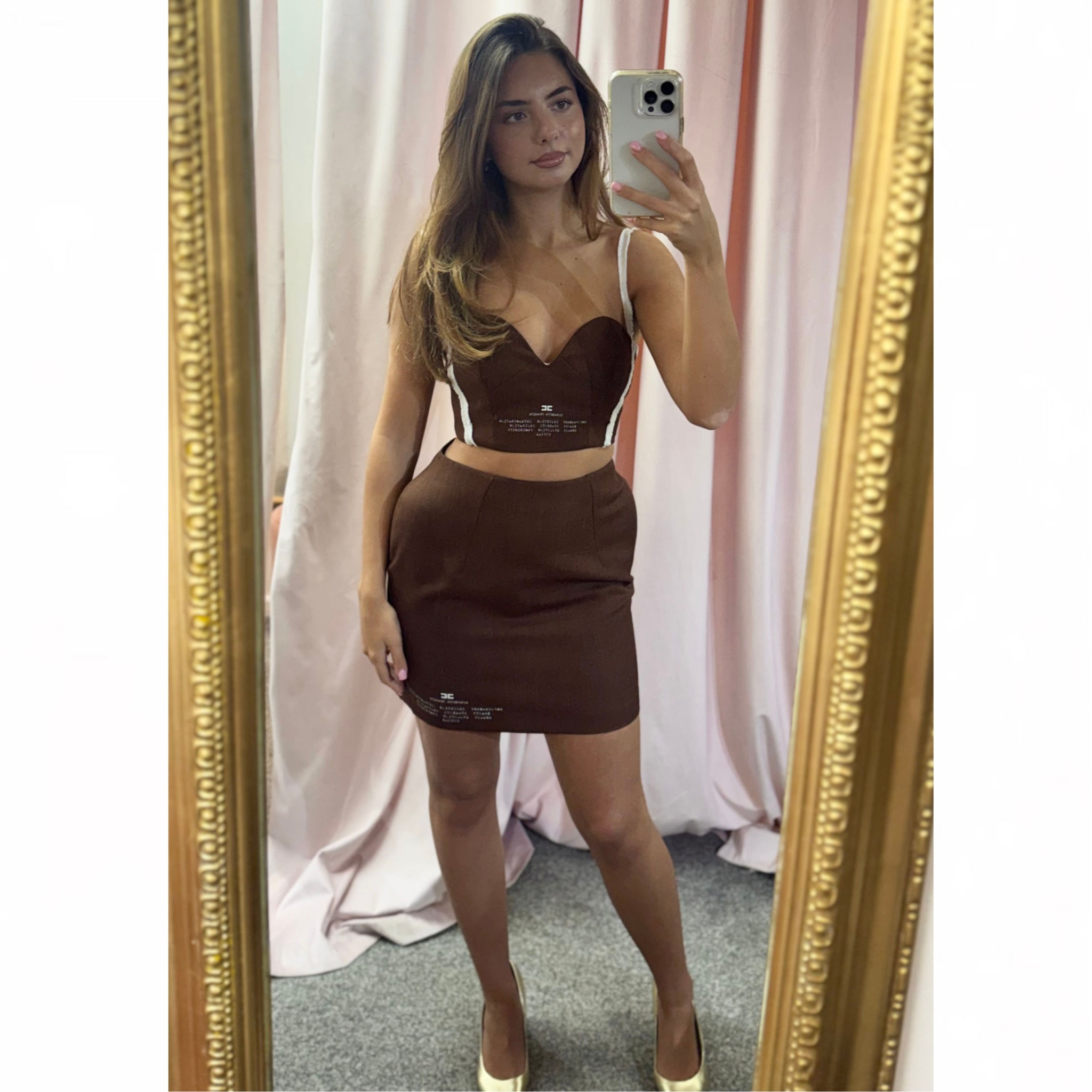 Elisabetta Franchi Cigar/Ivory Wool Skirt Set with Logo Print