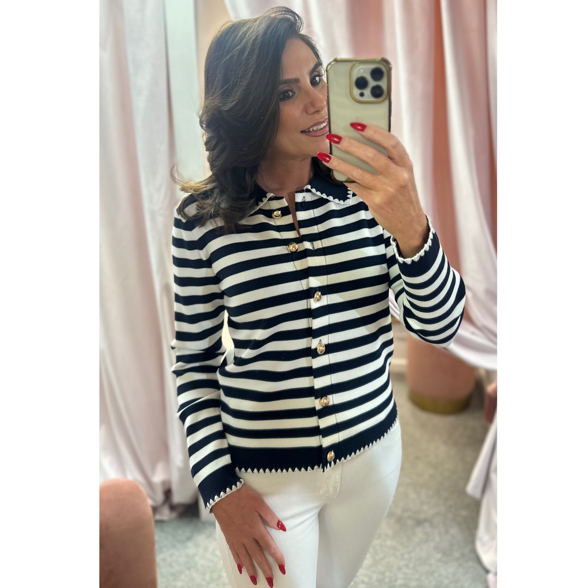 LEO & UGO Navy/White Striped Sailor Sweater with Gold Buttons