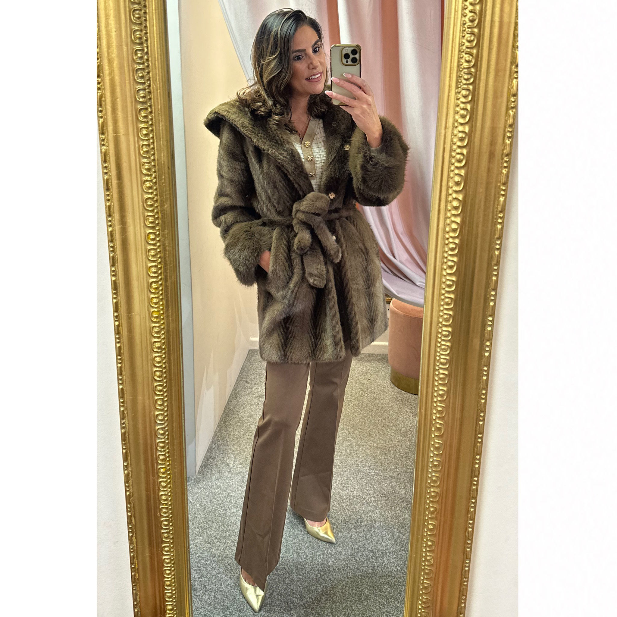 LB Brown Faux Fur Belted Coat