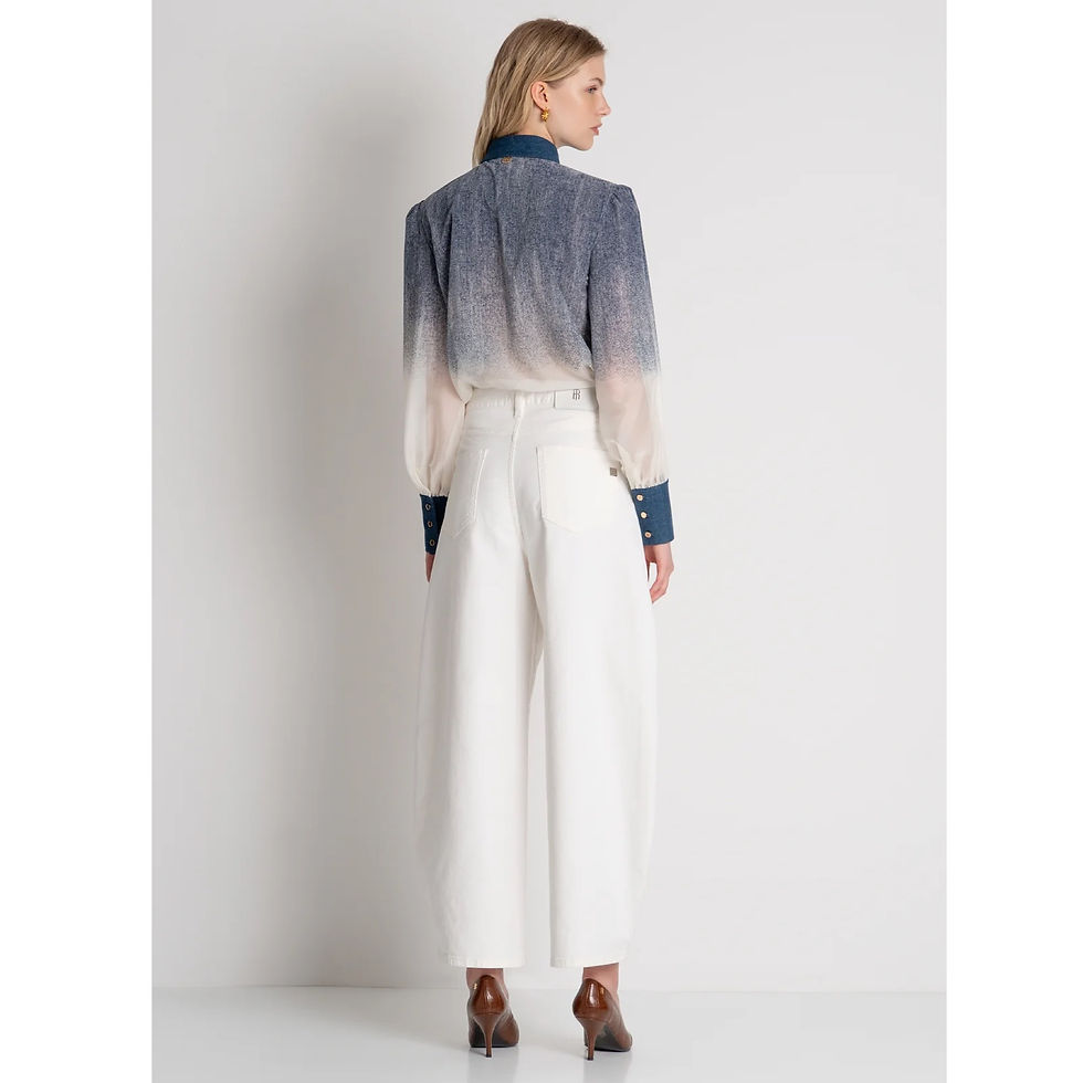 Thumbnail: Fracomina Denim & Cream Balloon Sleeve Blouse