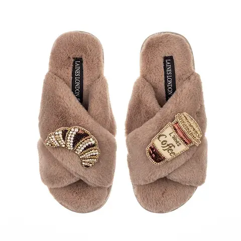 Laines Toffee Slipper with Coffee & Croissant Brooches