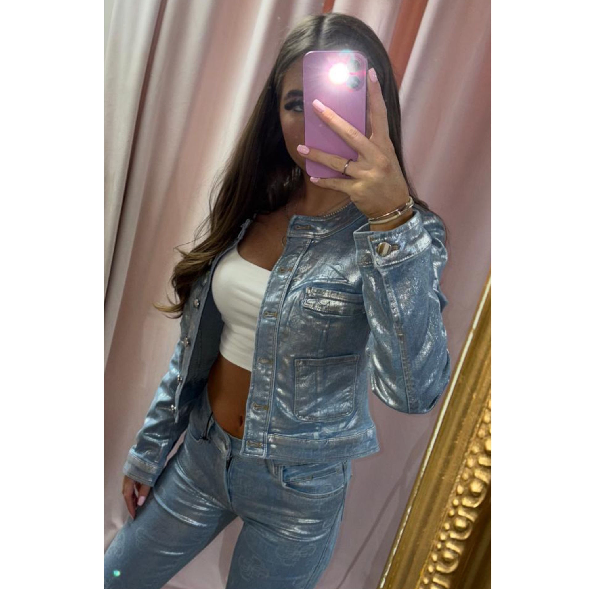 GUESS Silver 4G Logo Metallic Laminated Jacket