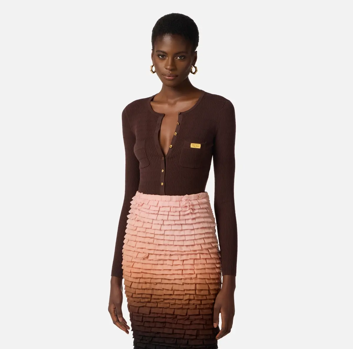 Elisabetta Franchi Brown Micro-braided Knit Cardigan