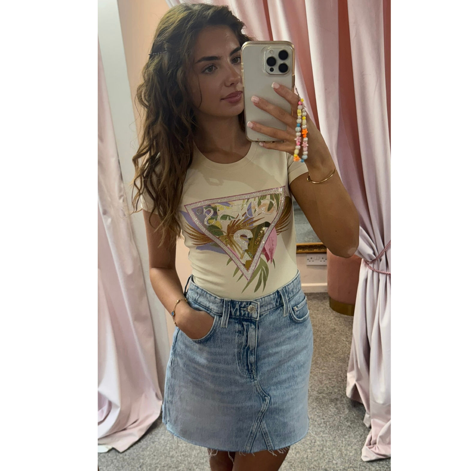 GUESS Beige Rhinestones Logo Tee