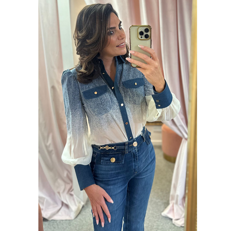 Thumbnail: Fracomina Denim & Cream Balloon Sleeve Blouse
